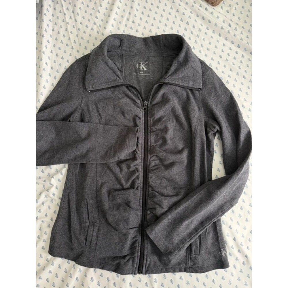 Calvin Klein Ruched Activewear Jacket Women's Size M Full Zip Dark Gray Pockets